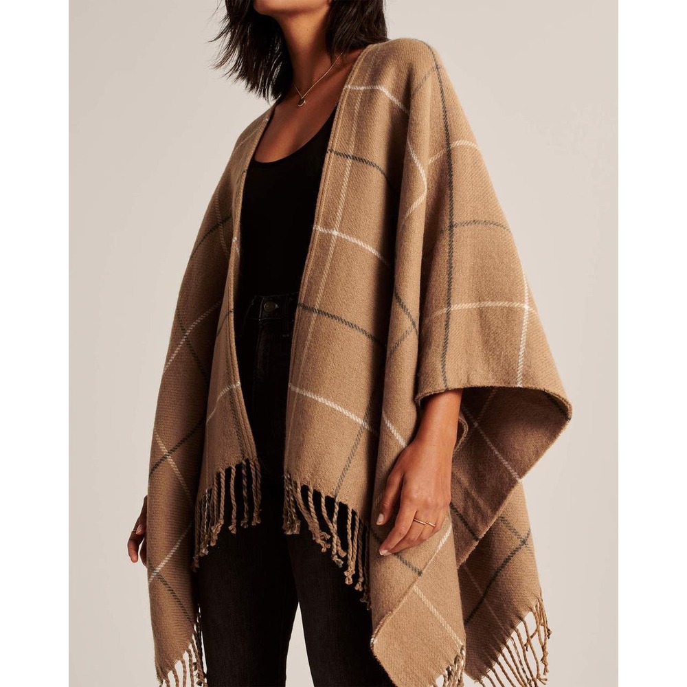 Abercrombie & Fitch Brown Plaid Fringe Poncho Blanket Shawl  Camel Neutral OS